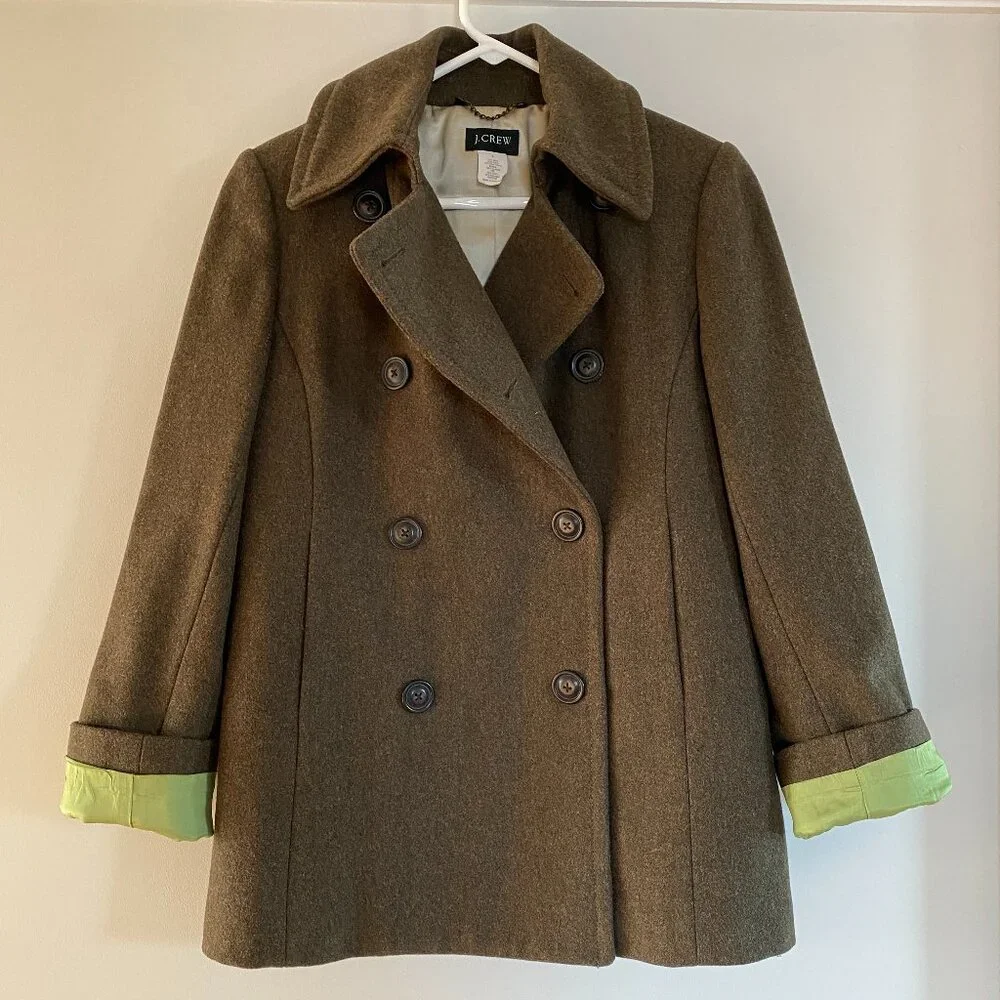 J.Crew W’s Olive Green Double-Breasted Wool Blend Thinsulate Pea Coat-Size Small - Picture 2 of 7